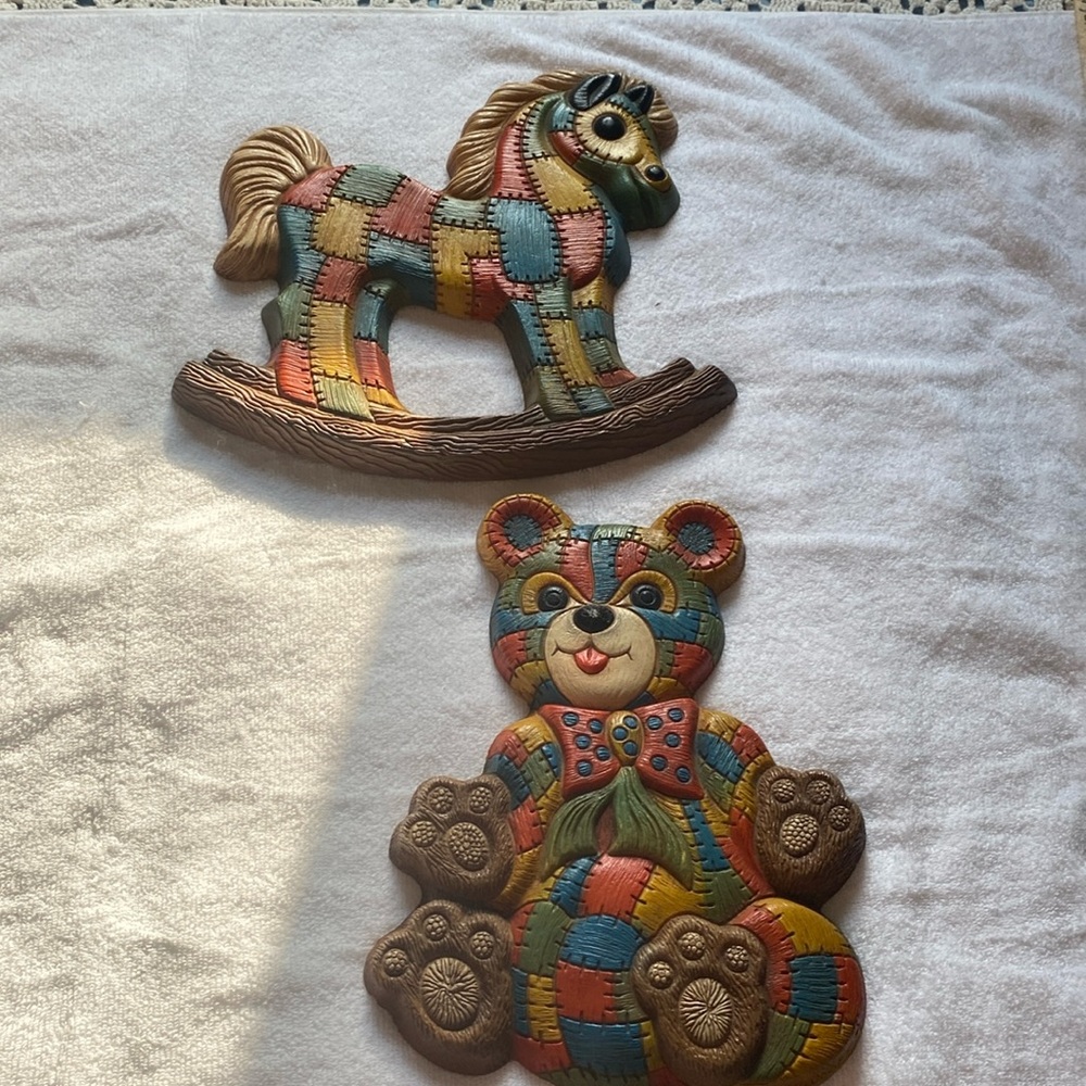 VINTAGE TEDDY BEAR PATCHWORK WALL ART HANGING BABY SHOWER NURSERY CHILDREN 70’s